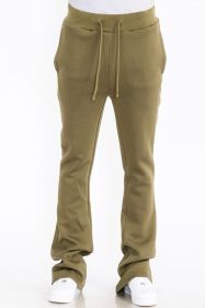 Mens Solid Fleece Flare Stacked PANTS (Color: OLIVE, size: 2XL)