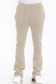 Mens Solid Fleece Flare Stacked PANTS (Color: OATMEAL, size: S)