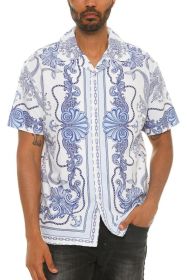 Mens Collared Print Button Down (Color: WHITE BLUE, size: 2XL)