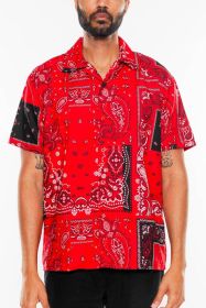 Mens Collared Print Button Down (Color: RED BLACK, size: S)