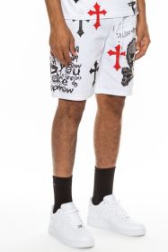 Weiv Mens Chrome Cross Skull Shorts (Color: WHITE RED, size: 3XL)