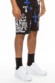 Weiv Mens Chrome Cross Skull Shorts (Color: BLACK BLUE, size: L)