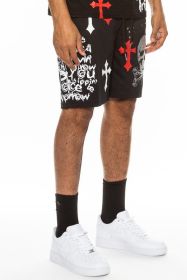 Weiv Mens Chrome Cross Skull Shorts (Color: BLACK RED, size: S)