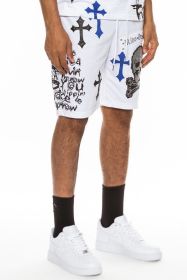 Weiv Mens Chrome Cross Skull Shorts (Color: WHITE BLUE, size: M)