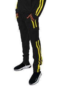 Two Stripe Cargo Pouch Track Pants (Color: black yellow, size: 3XL)