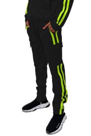 Two Stripe Cargo Pouch Track Pants (Color: black lime, size: XL)