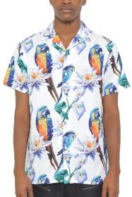 MENS TUCAN PARROT PRINT RESORT BUTTON DOWN SHIRT (Color: White, size: L)